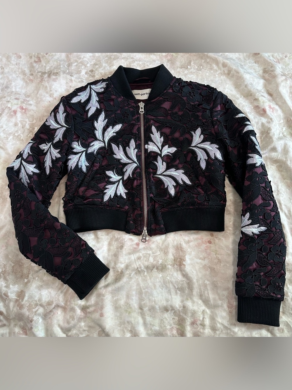Self-Portrait Black and Plum Floral Appliqué Bomber Jacket